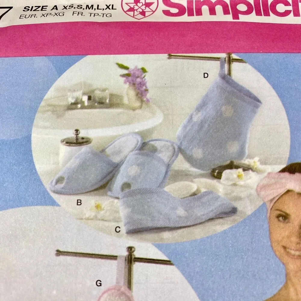 Simplicity 4747 Sewing Pattern Towel Wrap Headband Slippers y2k Sz XS-XL UNCUT